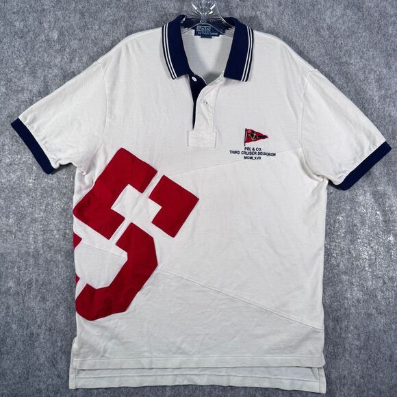Polo Ralph Lauren Shirt Mens L White Third Cruiser Squadron Rugby Polo Vintage - Picture 1 of 11